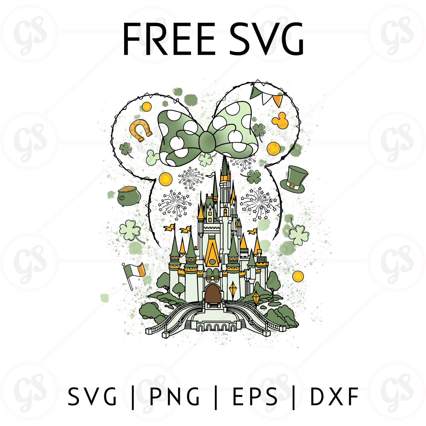 St Patrick’s Day Minnie Castle SVG Free | Shamrock Bow Mouse Head Cut File for Cricut & Silhouette