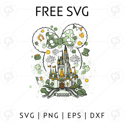 St Patrick’s Day Minnie Castle SVG Free | Shamrock Bow Mouse Head Cut File for Cricut & Silhouette