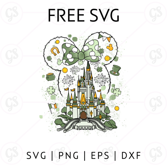 St Patrick’s Day Minnie Castle SVG Free | Shamrock Bow Mouse Head Cut File for Cricut & Silhouette