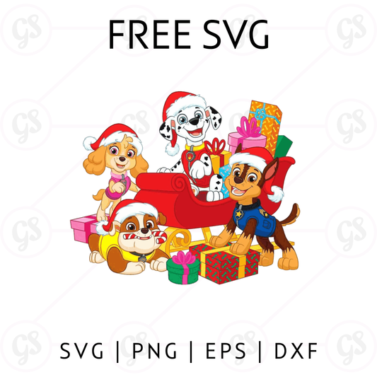 Paw Patrol Christmas SVG Free | Sleigh and Gifts Puppy Cut File for Cricut & Silhouette
