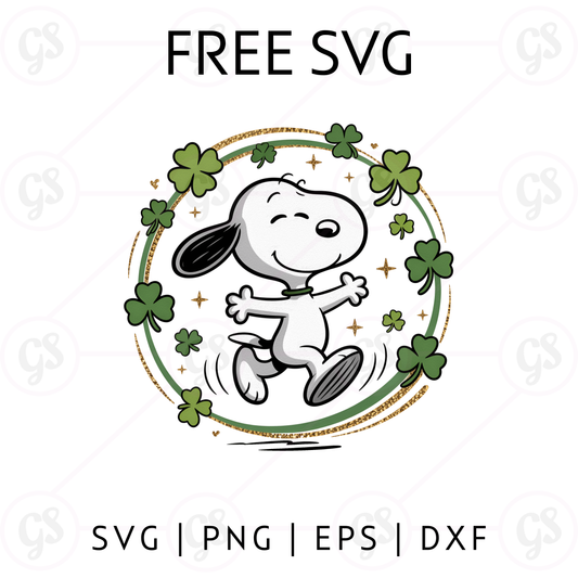 Snoopy Shamrock Wreath SVG Free | Happy Snoopy Walking in Clover Frame for Cricut & Silhouette