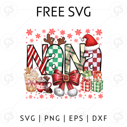 Christmas Nana Coquette SVG Free | Candy Cane & Gifts Design for Cricut & Silhouette